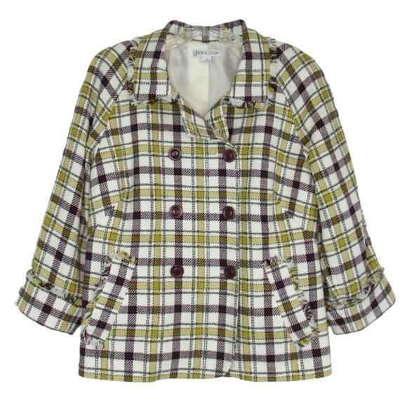 PENDLETON Plaid Tweed Jacket Double Breasted Fringe Trim Women’s Size 12 - Picture 1 of 10